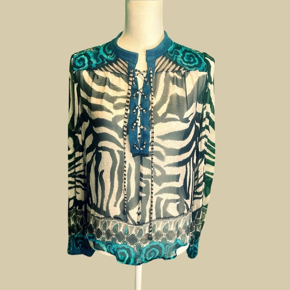 Alberto Makali 100% Silk Zebra & Blue Paisley Print Lace-Up Top Size Medium